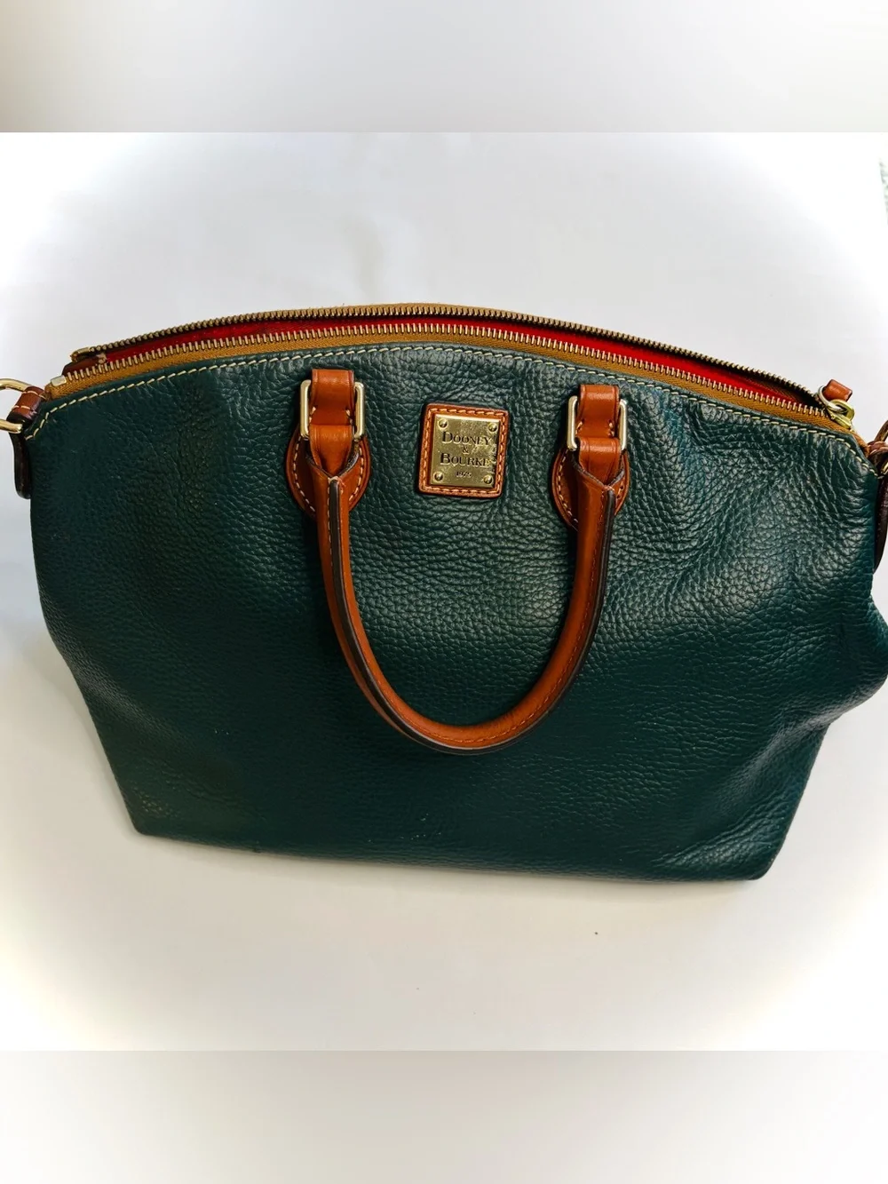 Dooney & Bourke Dillen Green Pebbled Leather Satchel with Brown Trim